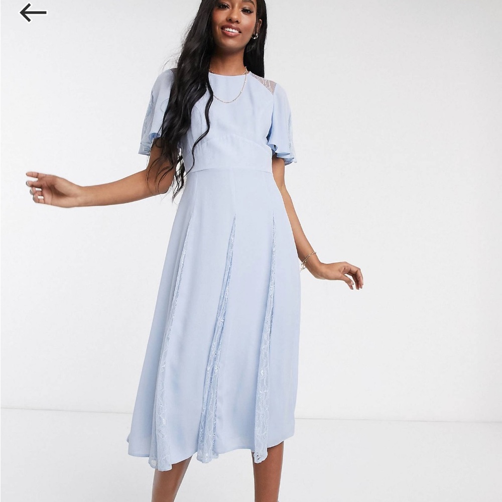ASOS Light Blue Midi Dress with lace panels and blouson bodice